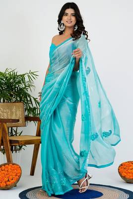Women's turquoise solid organza saree with unstitched piece 3