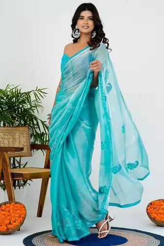 Women's turquoise solid organza saree with unstitched piece