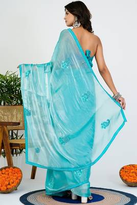 Women's turquoise solid organza saree with unstitched piece 4