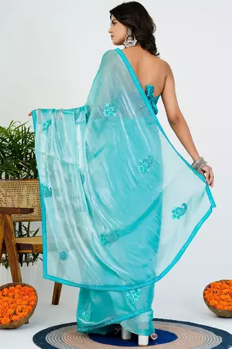 Women's turquoise solid organza saree with unstitched piece