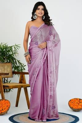 Women's lavender solid organza saree with unstitched piece 1