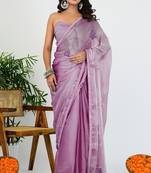 Women's lavender solid organza saree with unstitched piece