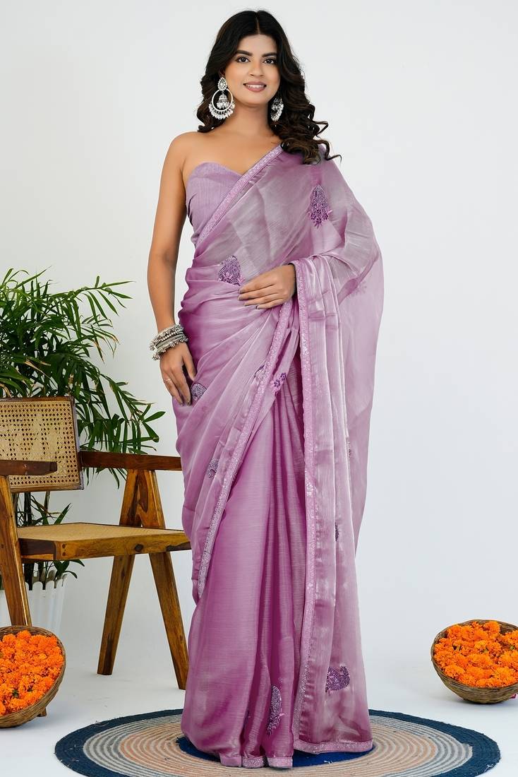 Women's lavender solid organza saree with unstitched piece