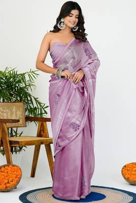 Women's lavender solid organza saree with unstitched piece 2