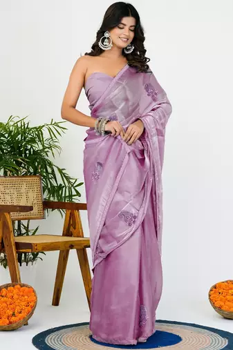 Women's lavender solid organza saree with unstitched piece