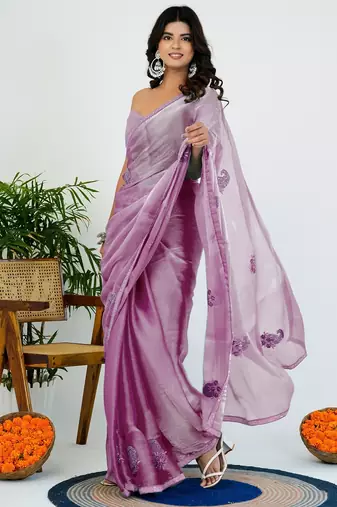 Women's lavender solid organza saree with unstitched piece