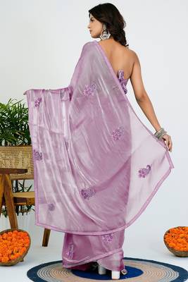 Women's lavender solid organza saree with unstitched piece 4
