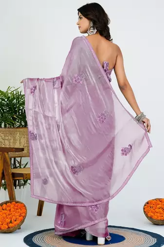 Women's lavender solid organza saree with unstitched piece