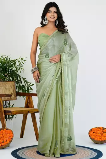 Women's green solid organza saree with unstitched piece