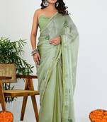Women's green solid organza saree with unstitched piece