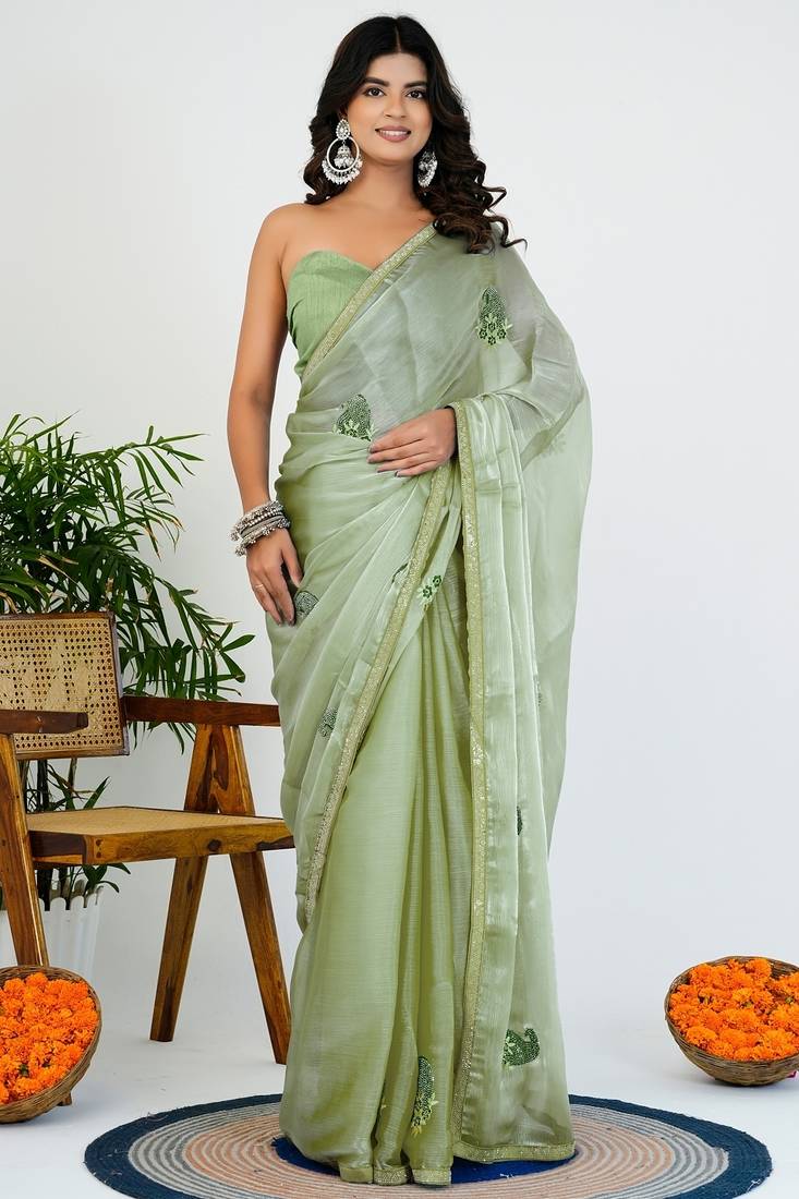 Women's green solid organza saree with unstitched piece
