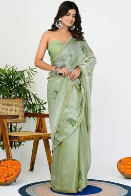 Women's green solid organza saree with unstitched piece 2