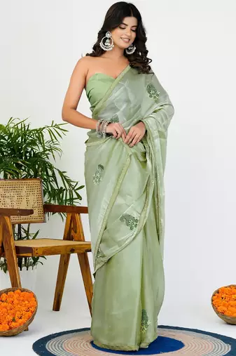 Women's green solid organza saree with unstitched piece
