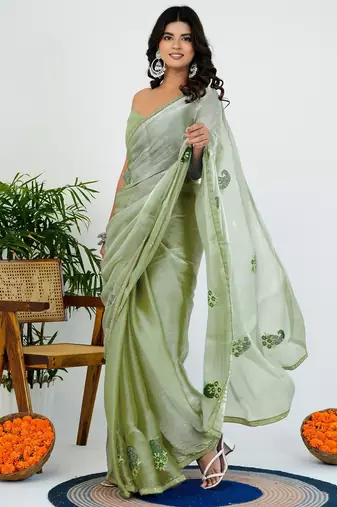 Women's green solid organza saree with unstitched piece