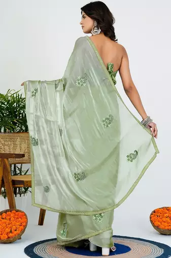 Women's green solid organza saree with unstitched piece