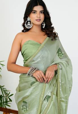 Women's green solid organza saree with unstitched piece 5