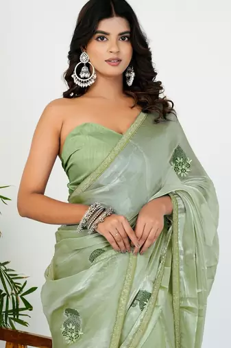 Women's green solid organza saree with unstitched piece