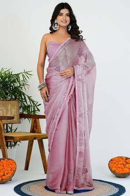Women's pink solid organza saree with unstitched piece 1