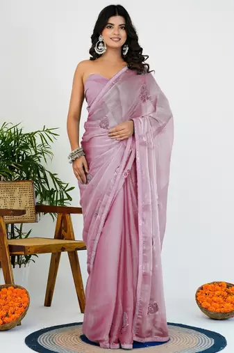 Women's pink solid organza saree with unstitched piece