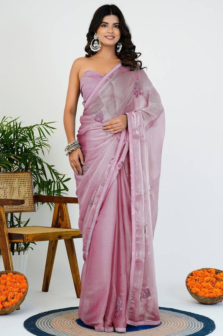 Women's pink solid organza saree with unstitched piece