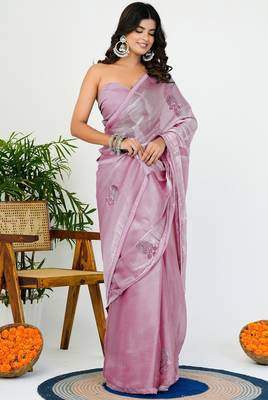 Women's pink solid organza saree with unstitched piece 2
