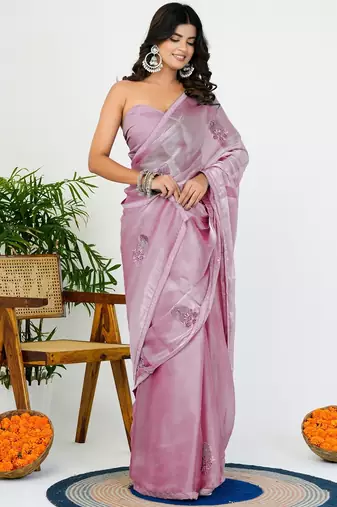 Women's pink solid organza saree with unstitched piece