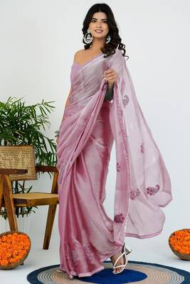 Women's pink solid organza saree with unstitched piece 3