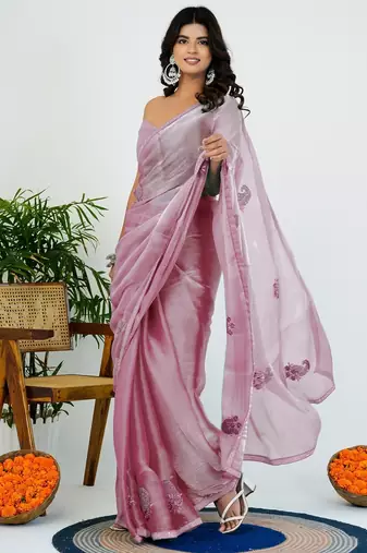 Women's pink solid organza saree with unstitched piece