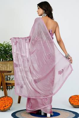 Women's pink solid organza saree with unstitched piece 4