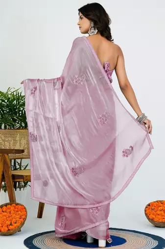 Women's pink solid organza saree with unstitched piece