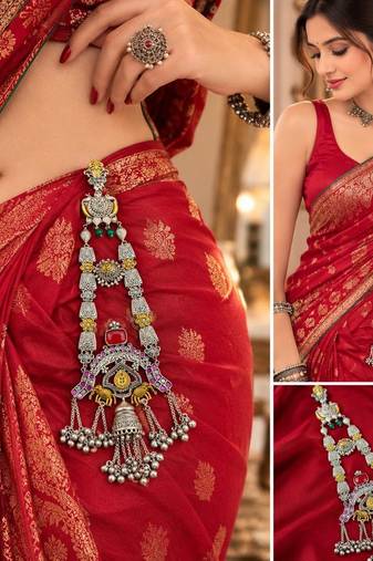 Dual tone Oxidized Silver Chabi Challa Saree Keychain, Vintage Indian Saree Satka