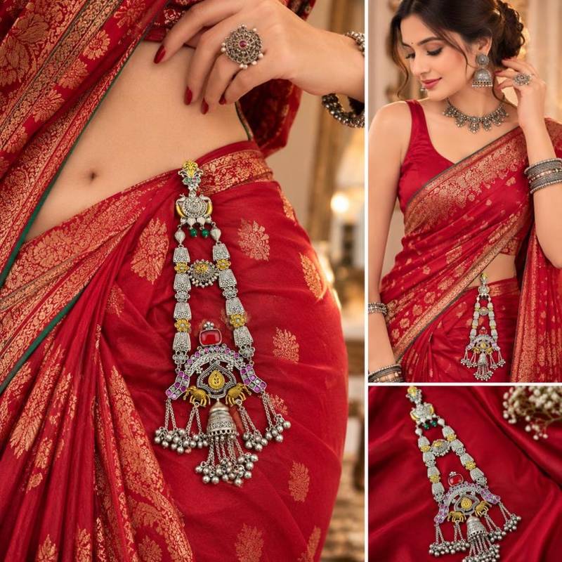 Dual tone Oxidized Silver Chabi Challa Saree Keychain, Vintage Indian Saree Satka