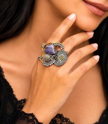 Statement Boho Oxidized Silver Brass Ring,Purple Stone Adjustable Cocktail Ring 1