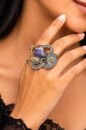 Statement Boho Oxidized Silver Brass Ring,Purple Stone Adjustable Cocktail Ring