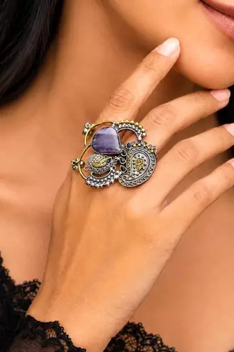 Statement Boho Oxidized Silver Brass Ring,Purple Stone Adjustable Cocktail Ring