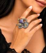 Statement Boho Oxidized Silver Brass Ring,Purple Stone Adjustable Cocktail Ring