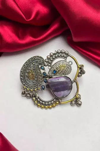 Statement Boho Oxidized Silver Brass Ring,Purple Stone Adjustable Cocktail Ring