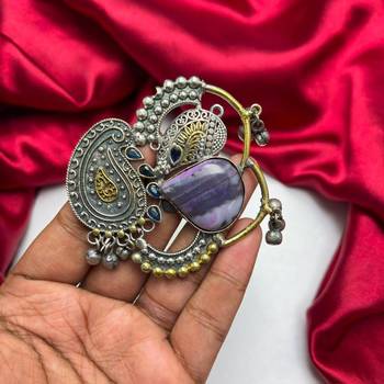 Statement Boho Oxidized Silver Brass Ring,Purple Stone Adjustable Cocktail Ring 3