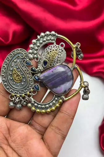 Statement Boho Oxidized Silver Brass Ring,Purple Stone Adjustable Cocktail Ring