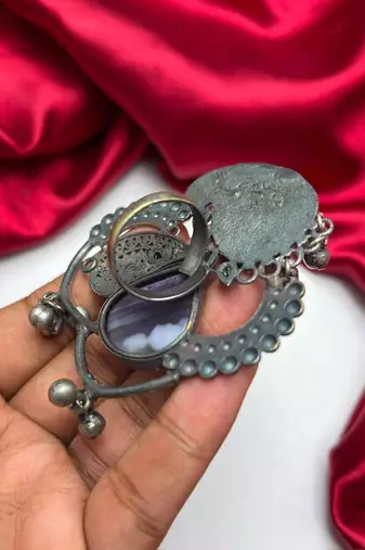 Statement Boho Oxidized Silver Brass Ring,Purple Stone Adjustable Cocktail Ring