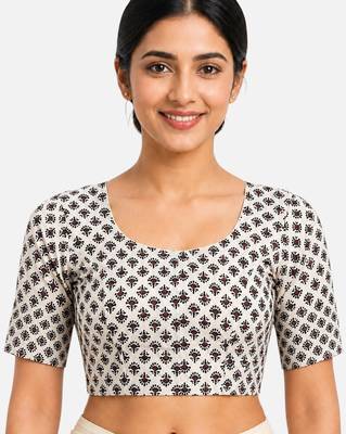 Cream printed inner cotton lining side (smocked) stretchable top readymade saree blouse 1