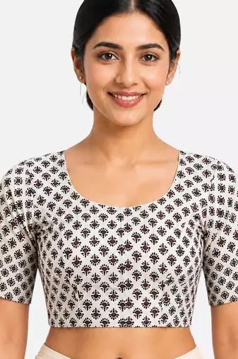 Cream printed inner cotton lining side (smocked) stretchable top readymade saree blouse