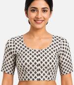 Cream printed inner cotton lining side (smocked) stretchable top readymade saree blouse
