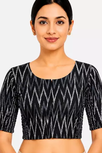 Black printed inner cotton lining side (smocked) stretchable top readymade saree blouse