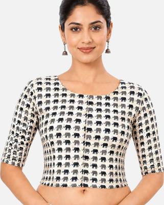 Grey printed inner cotton lining side (smocked) stretchable top readymade saree blouse 1
