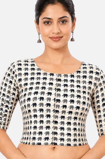 Grey printed inner cotton lining side (smocked) stretchable top readymade saree blouse