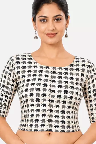 Grey printed inner cotton lining side (smocked) stretchable top readymade saree blouse