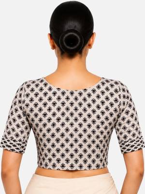 Cream printed inner cotton lining side (smocked) stretchable top readymade saree blouse 2