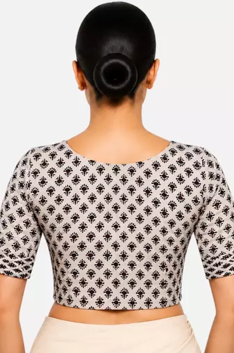 Cream printed inner cotton lining side (smocked) stretchable top readymade saree blouse