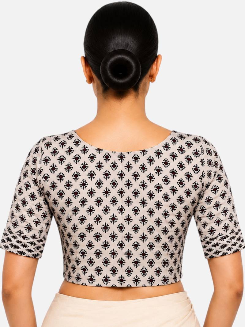 Cream printed inner cotton lining side (smocked) stretchable top readymade saree blouse